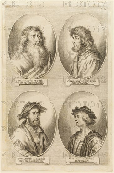 Richard Collin, Flemish, 1627-1697, after Jacob von Sandrart, German, 1630-1708, Hans Holbein the Elder, Sigismond Holbein, Hans Holbein the Younger, Nicholas Manuel, ca. 1683, engraving printed in black ink on laid paper, Plate: 12 1/2 × 8 1/8 inches (31.8 × 20.6 cm)
