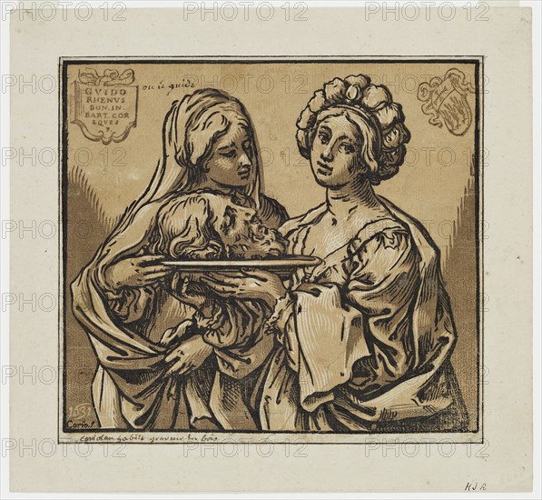 Bartolomeo Coriolano, Italian, 1599-1676, after Guido Reni, Italian, 1575-1642, Herodias and Salome with the Head of John the Baptist, 1631, chiaroscuro woodcut printed in black ink and two shades of brown ink on laid paper, Image: 6 5/8 × 7 1/2 inches (16.8 × 19.1 cm)