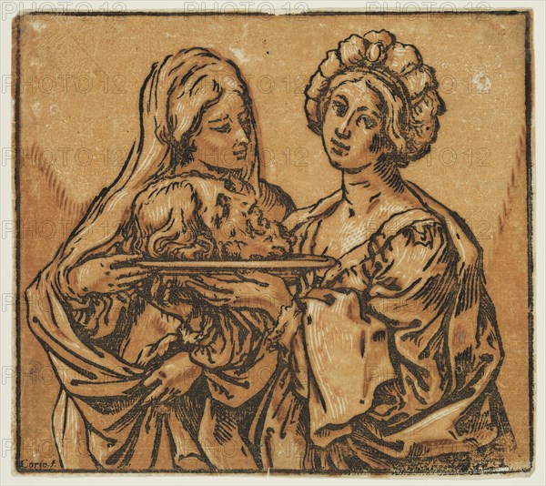 Bartolomeo Coriolano, Italian, 1599-1676, after Guido Reni, Italian, 1575-1642, Herodias and Salome with the Head of John the Baptist, 1631, chiaroscuro woodcut printed in black ink and two shades of red-brown ink on laid paper, Image: 6 5/8 × 7 1/2 inches (16.8 × 19.1 cm)