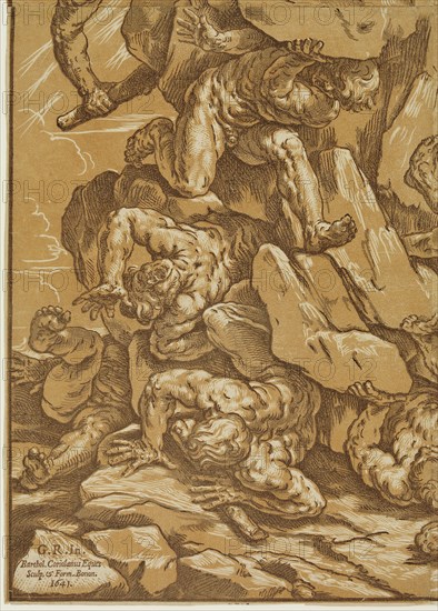 Bartolomeo Coriolano, Italian, 1599-1676, after Guido Reni, Italian, 1575-1642, Jupiter Overwhelming the Giants, 1647, chiaroscuro woodcut printed in three shades of brown ink on laid paper, Image: 17 1/4 × 12 1/4 inches (43.8 × 31.1 cm)