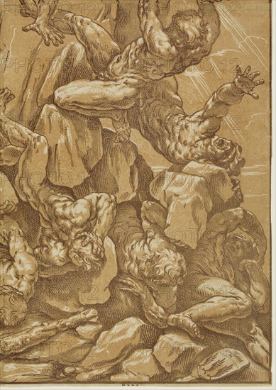 Bartolomeo Coriolano, Italian, 1599-1676, after Guido Reni, Italian, 1575-1642, Jupiter Overwhelming the Giants, 1647, woodcut printed in three shades of brown ink on laid paper, Image: 17 1/4 × 12 3/8 inches (43.8 × 31.4 cm)