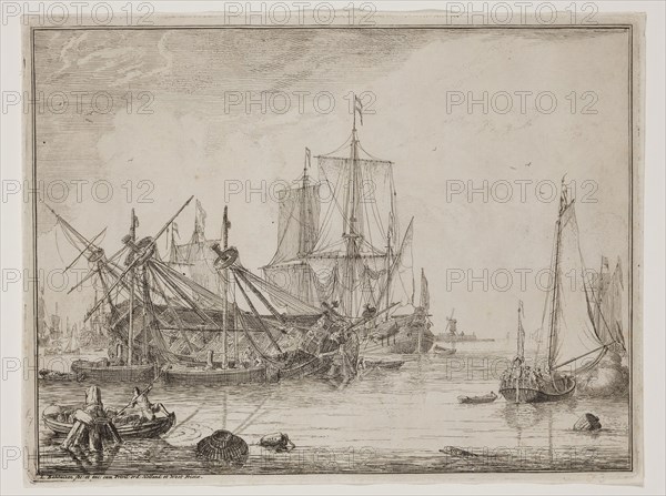 Ludolf Backhuysen, Dutch, 1630-1708, Seascape with an Anchored Ship, 1701, etching and engraving printed in black ink on laid paper, Plate: 7 1/8 × 9 3/8 inches (18.1 × 23.8 cm)