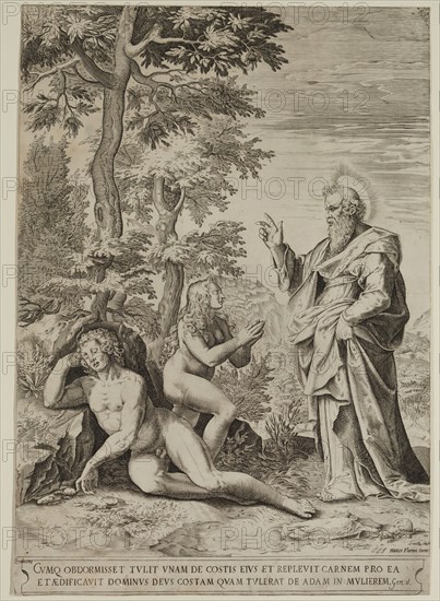 Unknown (Dutch), after Cornelis Cort, Netherlandish, 1533-1578, after Federico Zuccaro, Italian, The Creation of Eve, between late 16th and early 17th century, engraving printed in black ink on laid paper, Sheet (trimmed within plate mark): 17 1/4 × 12 1/8 inches (43.8 × 30.8 cm)