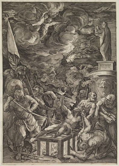 Cornelis Cort, Netherlandish, 1533-1578, after Titian, Italian, ca.1488-1576, Martyrdom of Saint Lawrence, 1571, engraving printed in black ink on laid paper, Sheet (trimmed within image area): 19 5/8 × 13 7/8 inches (49.8 × 35.2 cm)
