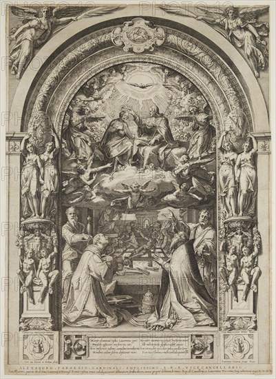 Cornelis Cort, Netherlandish, 1533-1578, after Federico Zuccaro, Italian, The Crowning of the Virgin, Saints Lawrence, and Sixtus, 1576, engraving printed in black ink on laid paper, Sheet (trimmed within plate mark): 23 3/8 × 16 7/8 inches (59.4 × 42.9 cm)