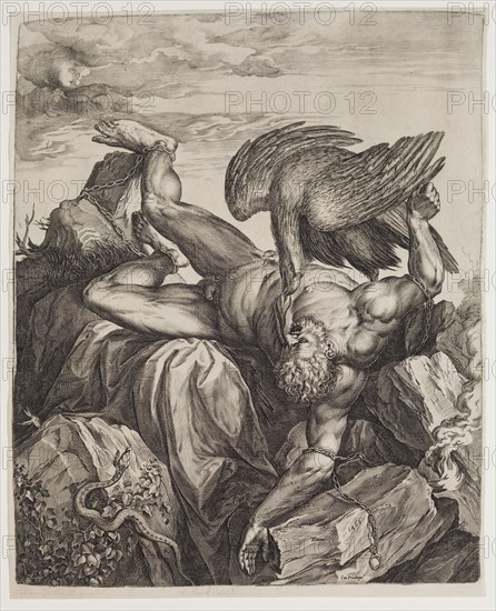 Cornelis Cort, Netherlandish, 1533-1578, after Titian, Italian, ca.1488-1576, Prometheus Chained to the Rocks of Caucasus, 1566, engraving printed in black ink on laid paper, Plate (irreg.): 15 1/8 × 12 3/8 inches (38.4 × 31.4 cm)