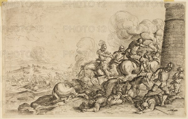 Jacques Courtois, French, 1621-1676, Le combat au pied de la tour, between 1621 and 1676, etching printed in black ink on laid paper, Sheet (trimmed within plate mark): 8 1/4 × 13 inches (21 × 33 cm)