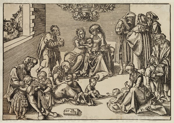 Lucas Cranach the Elder, German, 1472-1553, The Holy Kinship, between 1472 and 1553, woodcut printed in black ink on cream laid paper, Sheet (trimmed to image edge): 9 × 12 7/8 inches (22.9 × 32.7 cm)