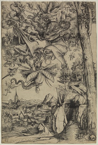 Lucas Cranach the Elder, German, 1472-1553, Temptation of Saint Anthony, 1506, woodcut printed in black ink on laid paper, Sheet (trimmed to image edge): 15 7/8 × 10 5/8 inches (40.3 × 27 cm)