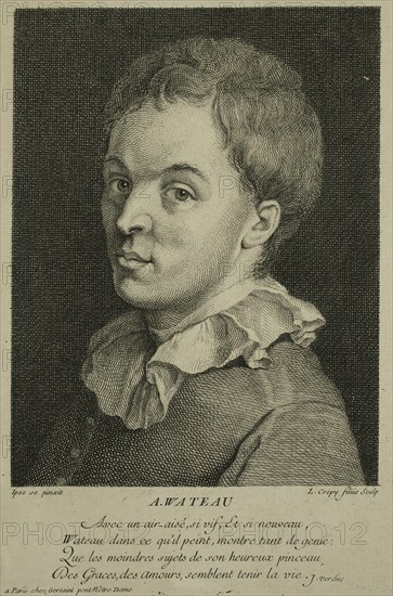 Louis Crépy, French, born 1680, Watteau, ca. 1727, engraving printed in black ink on laid paper, Plate: 8 × 5 1/2 inches (20.3 × 14 cm)