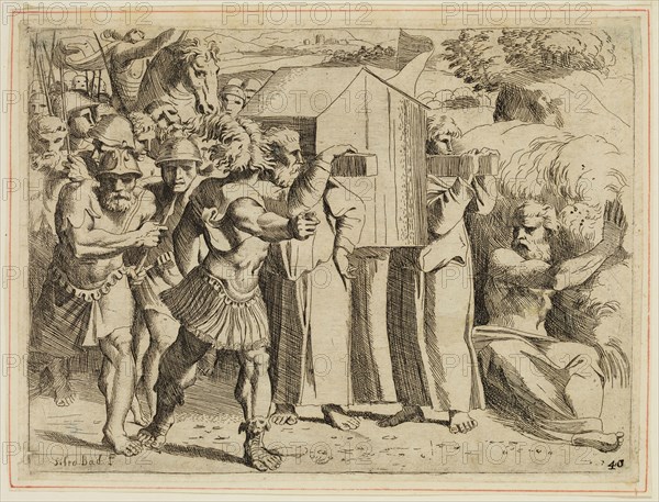Sisto Badalocchio, Italian, 1581-1647, after Raphael, Italian, 1483-1520, The Israelites Crossing the Jordan River, Carrying the Ark of the Covenant, 1607, etching printed in black ink on laid paper, Plate: 5 1/4 × 7 inches (13.3 × 17.8 cm)