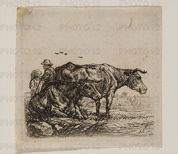 Aelbert Cuyp, Dutch, 1620-1691, Cows, between 1620 and 1691, etching printed in black ink on laid paper, Plate: 2 5/8 × 2 7/8 inches (6.7 × 7.3 cm)