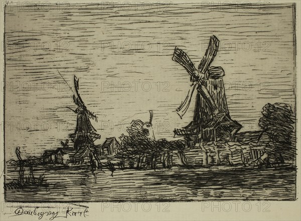 Karl Pierre Daubigny, French, 1846-1886, Windmills, 19th Century, Etching printed in black on japan paper, plate: 5 x 6 3/8 in.