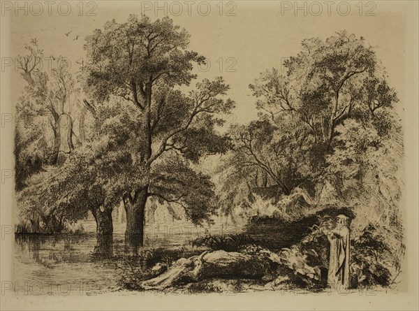 Unknown (French), after Charles François Daubigny, French, 1817-1878, Le moine, ca. 1837, heliogravure (process Amand-Durand) printed in brown-black ink on laid paper, Plate: 7 × 9 7/8 inches (17.8 × 25.1 cm)