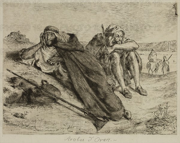 Eugène Delacroix, French, 1798-1863, Arabes d'Oran, 1833, etching, roulette, and drypoint printed in black ink on chine collé, Plate: 6 7/8 × 8 1/2 inches (17.5 × 21.6 cm)