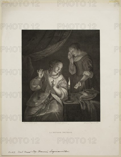 François Nicolas Barthel Dequevauviller, French, 1745-1807, after Caspar Netscher, Dutch, ca. between 1636 and 1639 - 1684, La mauvais nouvelle, between 1745 and 1807, etching and engraving printed in black ink on wove paper, Image (no visible plate mark): 11 × 9 3/8 inches (27.9 × 23.8 cm)