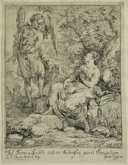Lodewyk de Deyster, Flemish, 1656-1711, The Angel Inviting Hagar to Return, between late 17th and early 18th century, etching printed in black ink on laid paper, Plate: 6 3/4 × 5 1/8 inches (17.1 × 13 cm)