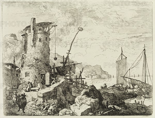 Christian Wilhelm Ernst Dietrich, German, 1712-1774, Harbor Scene, 1744, etching printed in black ink on wove paper, Plate: 5 1/2 × 7 1/8 inches (14 × 18.1 cm)