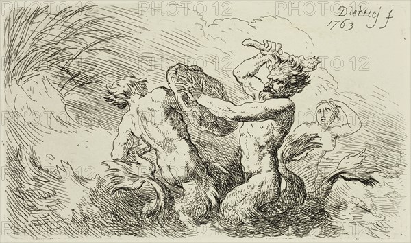 Christian Wilhelm Ernst Dietrich, German, 1712-1774, Mermen Fighting, 1763, Engraving printed in black ink on wove paper, Plate: 3 1/4 × 5 5/8 inches (8.3 × 14.3 cm)