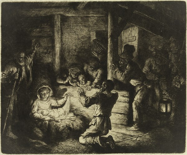 Christian Wilhelm Ernst Dietrich, German, 1712-1774, Adoration of the Shepherds, between 1712 and 1774, etching and drypoint printed in black ink on laid paper, Plate: 5 5/8 × 7 3/4 inches (14.3 × 19.7 cm)