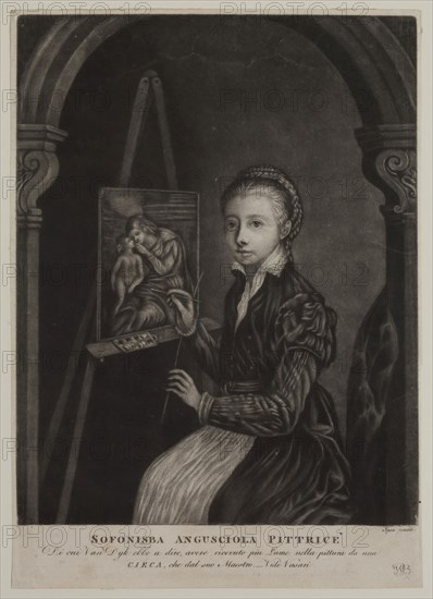 William Baillie, English, 1723-1810, Sofonisba Anguissola, Italian, 1527-1626, Sofonisba Angusciola, Painter, between 1723 and 1810, Mezzotint and engraving printed in black ink on wove paper, Plate: 14 1/8 × 9 7/8 inches (35.9 × 25.1 cm)