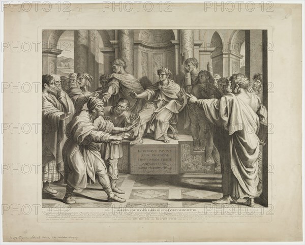 Nicolas Dorigny, French, 1652-1746, after Raphael, Italian, 1483-1520, Elymas Struck Blind, between 1652 and 1746, engraving printed in black ink on laid paper, Plate: 20 1/2 × 24 3/8 inches (52.1 × 61.9 cm)