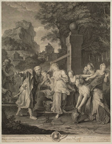 Pierre Imbert Drevet, French, 1697-1739, after Antoine Coypel, French, 1661-1722, Rebecca recevant les presents des mains d'Eliezer, between 1697 and 1739, engraving printed in black ink on laid paper, Sheet (trimmed within plate mark): 20 3/4 × 16 inches (52.7 × 40.6 cm)