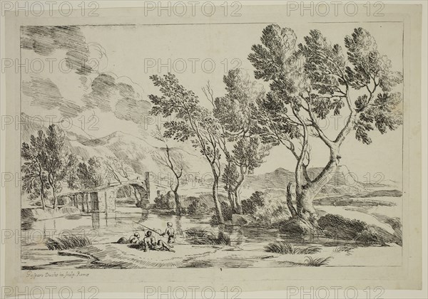 Gaspard Dughet, French, 1615-1675, Landscape with River, 17th century, etching printed in black ink on laid paper, Plate: 8 × 11 7/8 inches (20.3 × 30.2 cm)