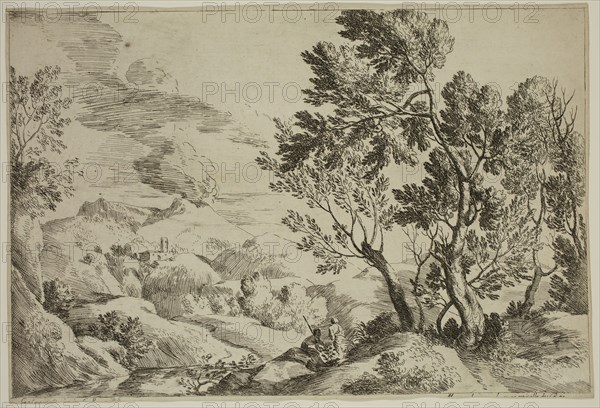 Gaspard Dughet, French, 1615-1675, (Untitled), 17th century, etching printed in black ink on laid paper, Sheet (trimmed within plate mark): 7 3/4 × 11 1/2 inches (19.7 × 29.2 cm)