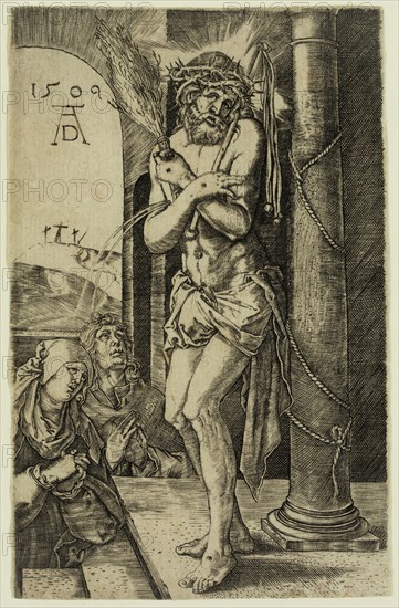 after Albrecht Dürer, German, 1471-1528, Man of Sorrows Standing by the Columns, between 1600 and 1800, engraving printed in black ink on laid paper, Sheet (trimmed within plate mark): 4 3/4 inches × 3 inches (12.1 × 7.6 cm)