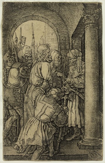 after Albrecht Dürer, German, 1471-1528, Christ Before Pilate, between 1600 and 1800, engraving printed in black ink on laid paper, Sheet (trimmed within plate mark): 4 5/8 × 2 7/8 inches (11.7 × 7.3 cm)