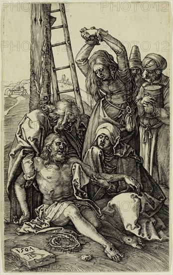 Albrecht Dürer, German, 1471-1528, Lamentation, 1507, engraving printed in black ink on laid paper, Sheet (trimmed inside plate mark): 4 1/2 × 2 3/4 inches (11.4 × 7 cm)