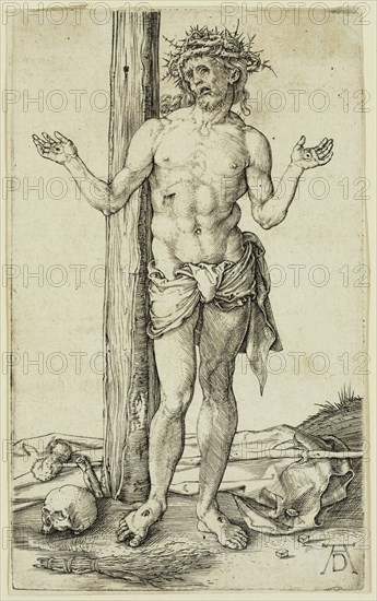 Albrecht Dürer, German, 1471-1528, The Man of Sorrows with Arms Outstretched, ca. 1500, engraving printed in black ink on laid paper, Sheet (trimmed within plate mark): 4 5/8 × 2 3/4 inches (11.7 × 7 cm)