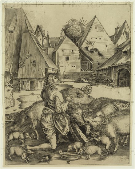 after Albrecht Dürer, German, 1471-1528, The Prodigal Son amid the Swine, c. 1496, Engraving printed in black on wove paper, sheet (trimmed within plate mark):
