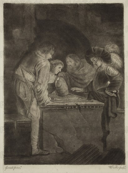 William Baillie, English, 1723-1810, Officers Playing Tric Trac, between 1723 and 1799, etching and mezzotint printed in black ink on wove paper, Plate: 9 3/8 × 6 3/4 inches (23.8 × 17.1 cm)