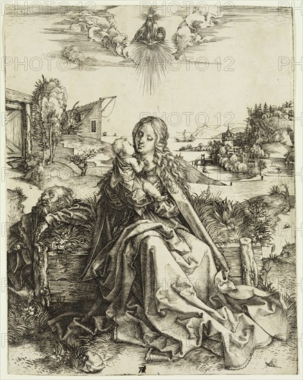 Albrecht Dürer, German, 1471-1528, Holy Family with the Butterfly, ca. 1495, engraving printed in black ink on laid paper, Sheet (trimmed within plate mark): 9 3/8 × 7 3/8 inches (23.8 × 18.7 cm)