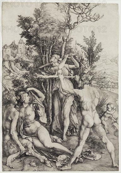 Albrecht Dürer, German, 1471-1528, Hercules, between 1498 and 1499, engraving printed in black ink on laid paper, Sheet (trimmed within plate mark): 12 1/2 × 8 3/4 inches (31.8 × 22.2 cm)