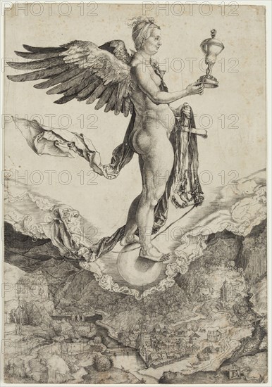 Albrecht Dürer, German, 1471-1528, Nemesis, between 1501 and 1502, engraving printed in black ink on laid paper, Sheet (trimmed within plate mark): 13 × 9 inches (33 × 22.9 cm)