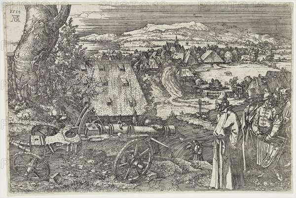 Albrecht Dürer, German, 1471-1528, Landscape with Cannon, 1518, etching printed in black ink on laid paper, Plate: 8 1/2 × 12 5/8 inches (21.6 × 32.1 cm)