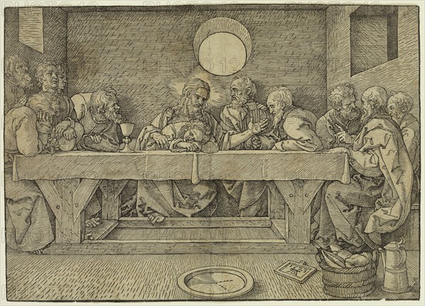 Albrecht Dürer, German, 1471-1528, The Last Supper, 1523, woodcut printed in black ink on laid paper, Sheet (trimmed to image edge): 8 3/8 × 11 3/4 inches (21.3 × 29.8 cm)