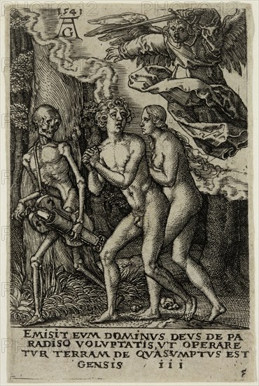 Heinrich Aldegrever, German, 1502-1561, Expulsion from Paradise, 1541, engraving printed in black ink on laid paper, Plate: 3 × 1 7/8 inches (7.6 × 4.8 cm)