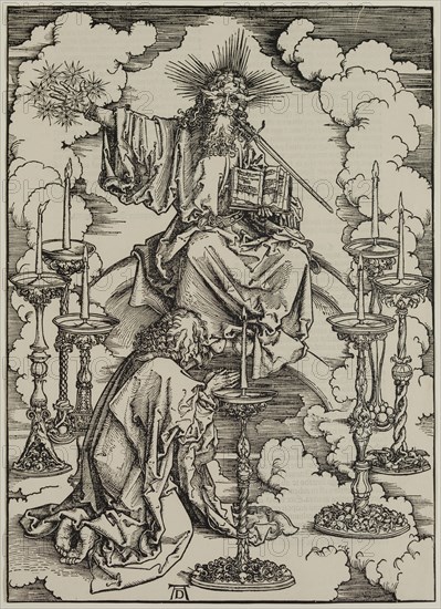 Albrecht Dürer, German, 1471-1528, The Vision of the Seven Candlesticks, ca. 1498, woodcut printed in black ink on laid paper, Sheet (trimmed to image edge): 15 1/2 × 11 1/8 inches (39.4 × 28.3 cm)