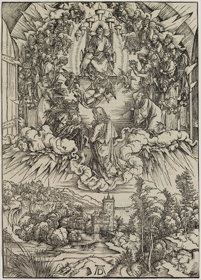 Albrecht Dürer, German, 1471-1528, Saint John before God and the Elders, ca. 1496, woodcut printed in black ink on laid paper, Sheet (trimmed to image edge): 15 3/8 × 10 7/8 inches (39.1 × 27.6 cm)