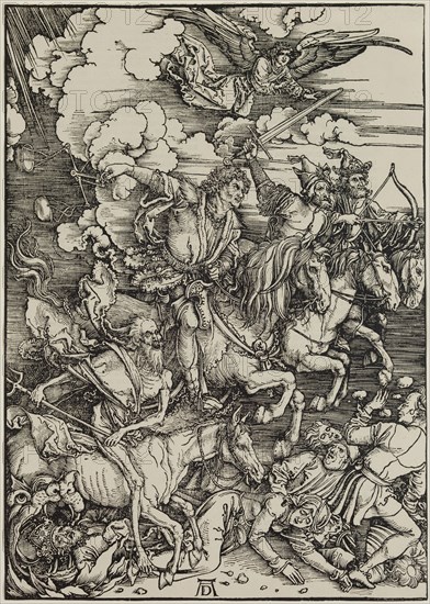 Albrecht Dürer, German, 1471-1528, The Four Horsemen, between 1497 and 1498, woodcut printed in black ink on laid paper, Sheet (trimmed to image): 15 1/2 × 11 inches (39.4 × 27.9 cm)