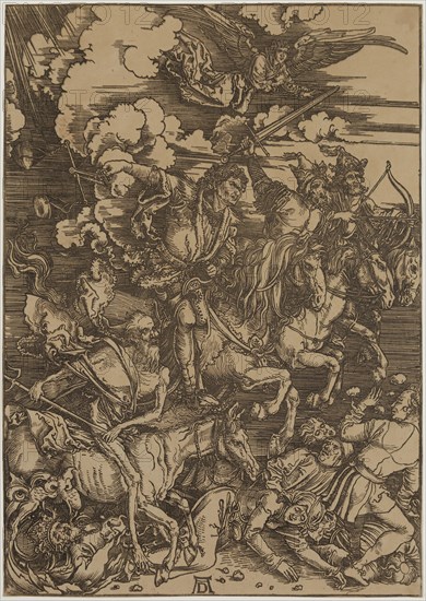 Albrecht Dürer, German, 1471-1528, The Four Horsemen, between 1497 and 1498, Photomechanical reproduction? of the woodcut, Image and sheet: 15 1/4 × 10 3/4 inches (38.7 × 27.3 cm)
