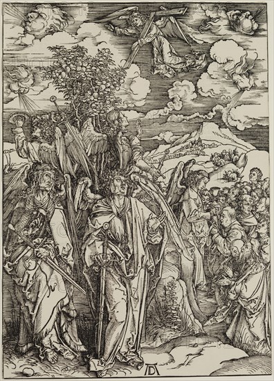 Albrecht Dürer, German, 1471-1528, The Four Angels Holding the Winds, between 1497 and 1498, woodcut printed in black ink on laid paper, Sheet (trimmed to image edge): 15 1/2 × 11 1/8 inches (39.4 × 28.3 cm)