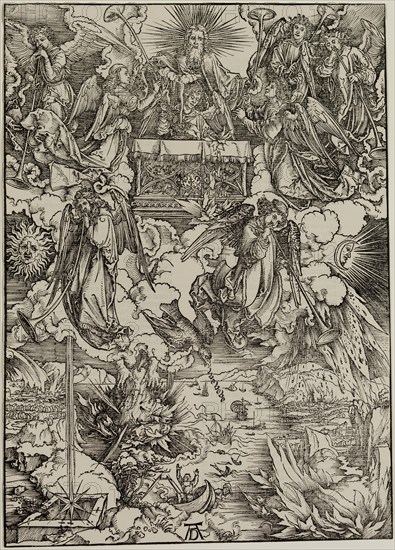 Albrecht Dürer, German, 1471-1528, The Seven Angels with the Trumpets, ca. 1496, woodcut printed in black ink on laid paper, Sheet (trimmed to image edge): 15 3/8 × 11 1/8 inches (39.1 × 28.3 cm)
