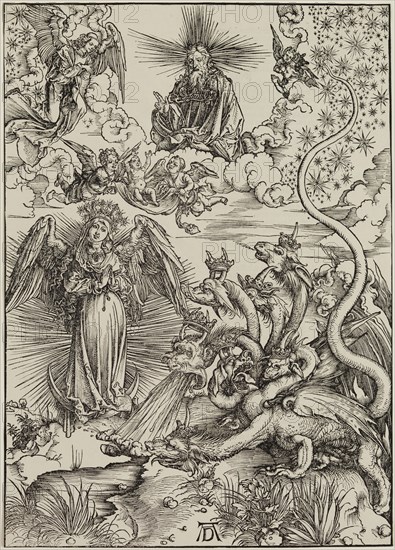 Albrecht Dürer, German, 1471-1528, The Apocalyptic Woman, ca. 1497, woodcut printed in black ink on laid paper, Sheet (trimmed to image): 15 1/2 × 11 1/8 inches (39.4 × 28.3 cm)