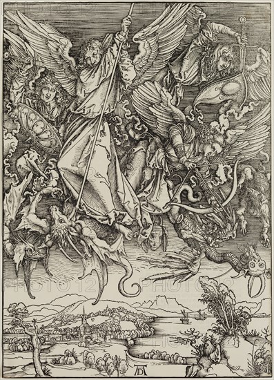 Albrecht Dürer, German, 1471-1528, Saint Michael Fighting the Dragon, ca. 1497, woodcut printed in black ink on laid paper, Sheet (trimmed to image): 15 1/2 × 11 1/4 inches (39.4 × 28.6 cm)