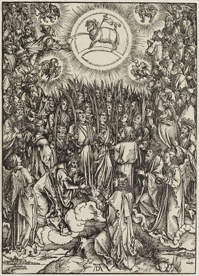 Albrecht Dürer, German, 1471-1528, The Adoration of the Lamb, ca. 1496, woodcut printed in black ink on laid paper, Sheet (trimmed to image edge): 15 1/2 × 11 1/8 inches (39.4 × 28.3 cm)